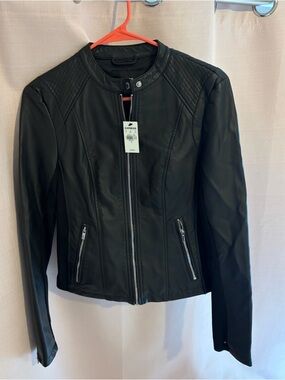 Express Black Faux Leather Moto Jacket with Quilted Shoulders